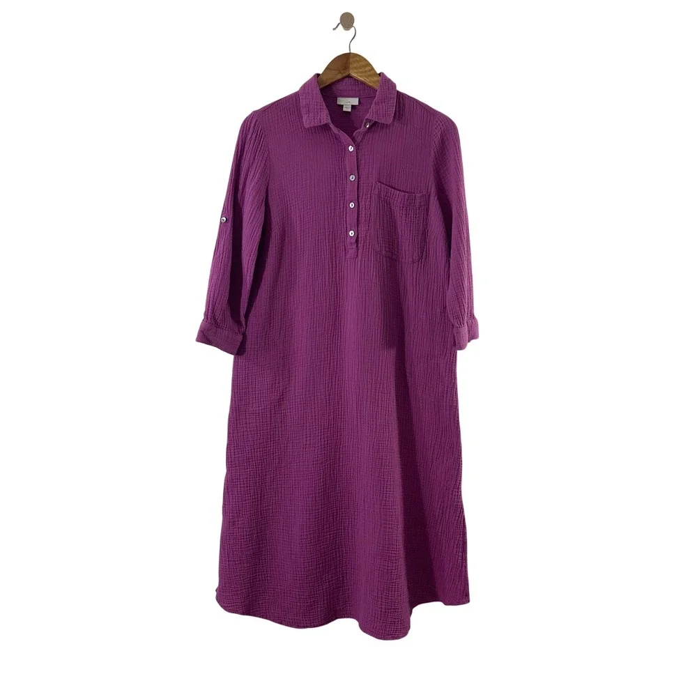 J.Jill Purple Cotton Double Gauze Midi Shirt Dress Roll Tab Sleeve Womens XS